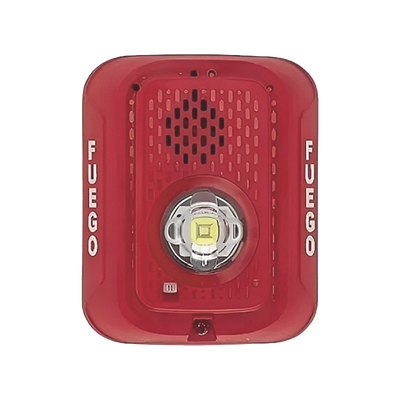 Sirena con Lámpara Estroboscópica LED / 2 Hilos / Montaje en Pared / 15 a 185 Candelas / Temporal 3 Alto y Bajo / Tamper Integrado / Texto en Español / Color Rojo