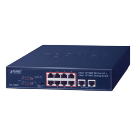 Switch No Administrable de Escritorio y Rack, 8 Puertos Fast Ethernet con PoE 802.3af/at, 2 Puertos Uplink, Hasta 250 m en Modo Extendido